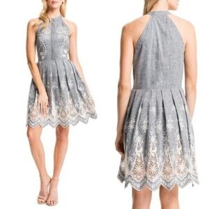 Cynthia Steffe Judith Embroidered Halter Dress Flare Cotton Linen Gray Sz 12
